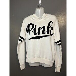 PINK Victoria's Secret Hoodie Womens XS White Script Logo Pullover Sweatshirt
